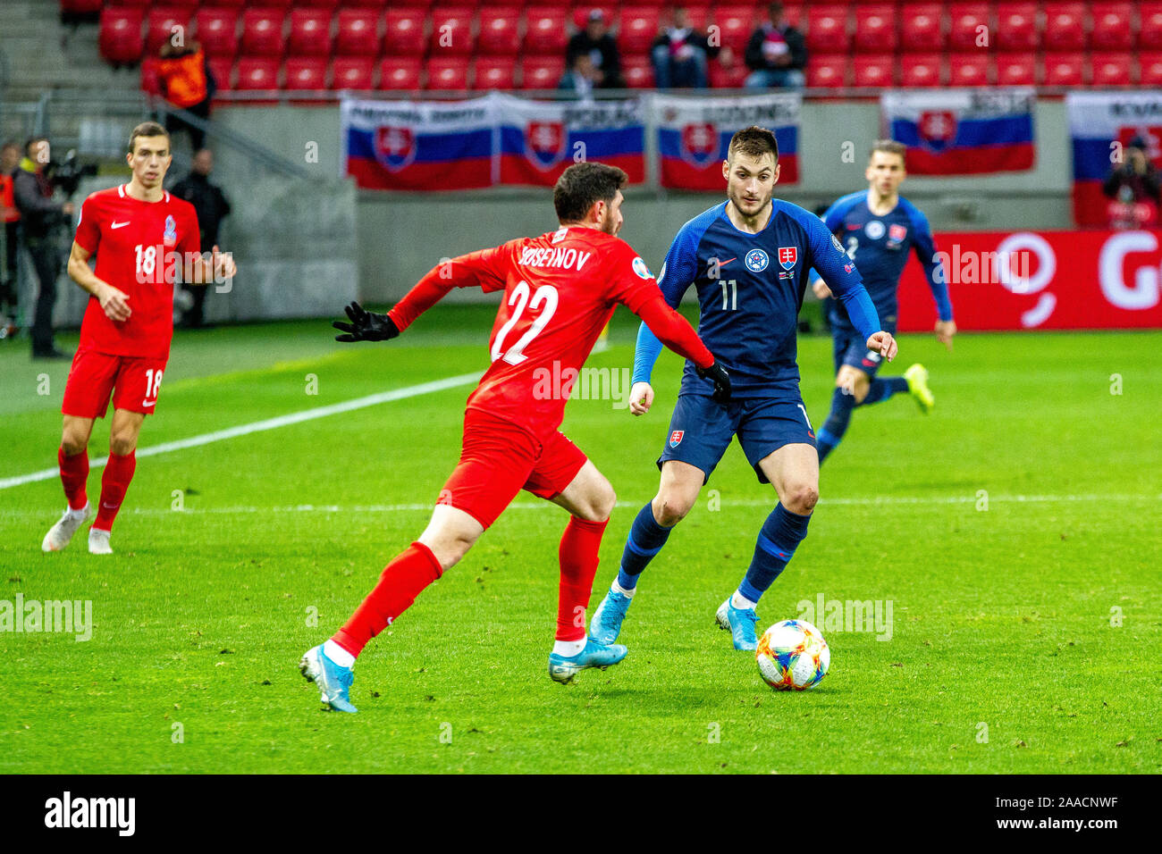 Trnava, Slovakia. 19th November, 2019. Matus Bero (11) in action during the Euro 2020 qualifier between Slovakia and Azerbaijan. Stock Photo