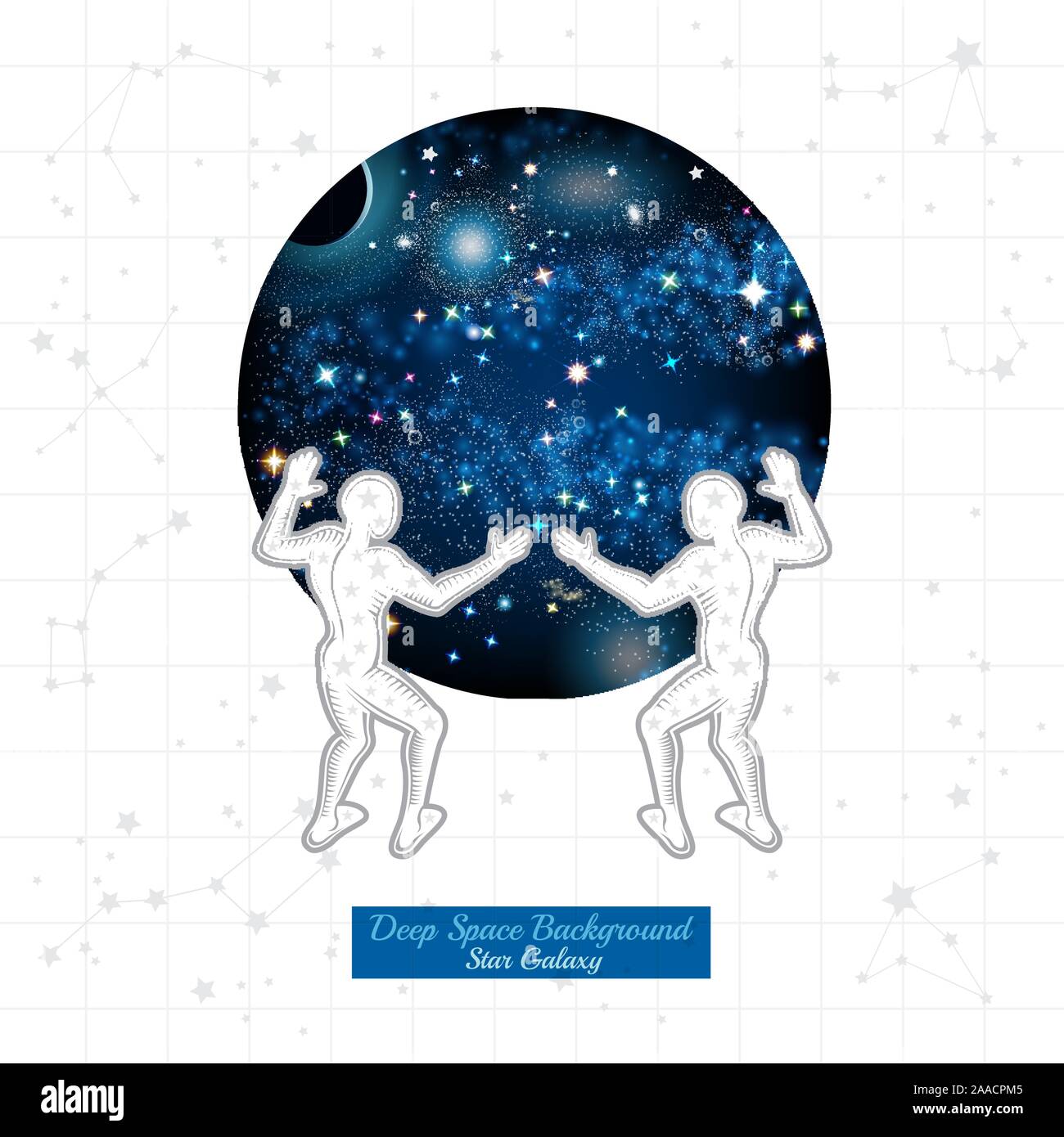 Two Atlant hold round space with starry sky on white background with constellation Stock Vector