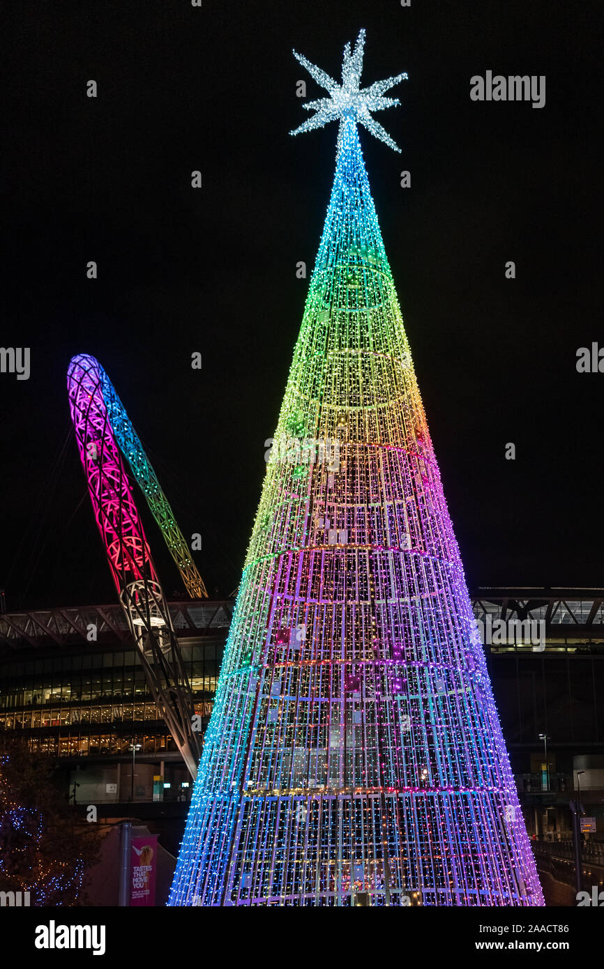 ‘The Hopeful Tree’ at Wembley Park's first ever Winterfest. London’s tallest-ever LED Christmas Tree was created by designer Elyne Legarnisson. Stock Photo