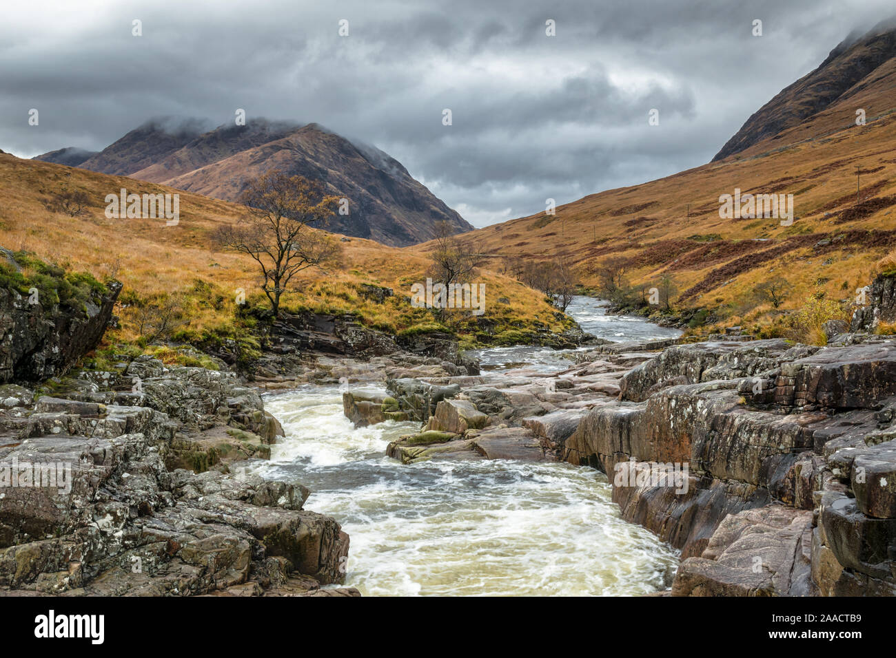 The fast flowing white water of River Etive in the scottish highlands Stock Photo