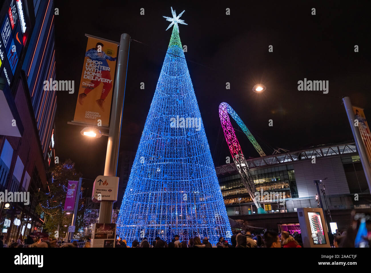 ‘The Hopeful Tree’ at Wembley Park's first ever Winterfest. London’s tallest-ever LED Christmas Tree was created by designer Elyne Legarnisson. Stock Photo