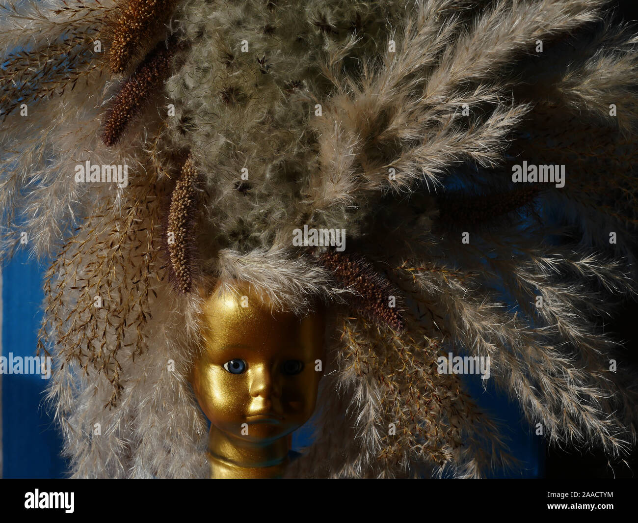 Doll Head, gold, arrangement with grasses ornamental carnival headdress Stock Photo