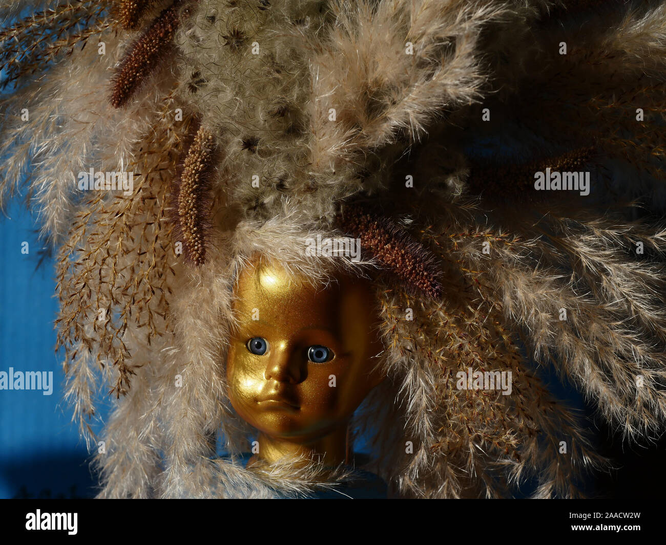 Doll Head, gold, arrangement with grasses, Carnival headdress Stock Photo