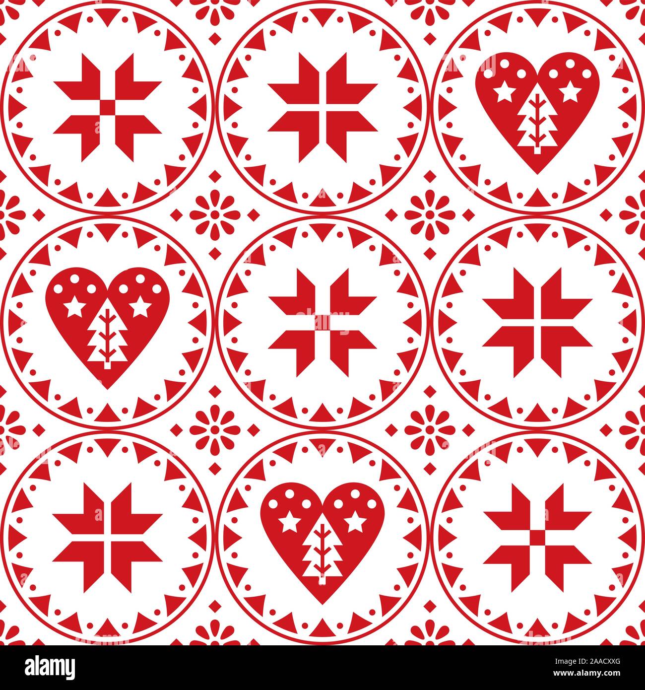 Scandinavian Christmas seamless vector pattern with snowflakes, hearts and Christmas trees - Nordic folk art style Stock Vector