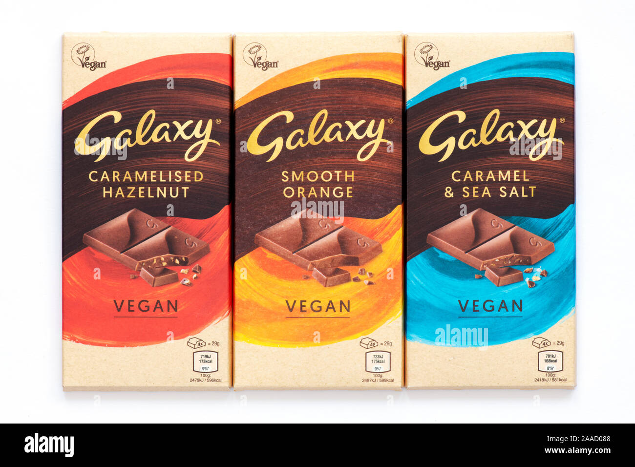 Galaxy Vegan Chocolate. Caramelised Hazelnut, Smooth Orange, and Caramel & Sea Salt bars Stock Photo