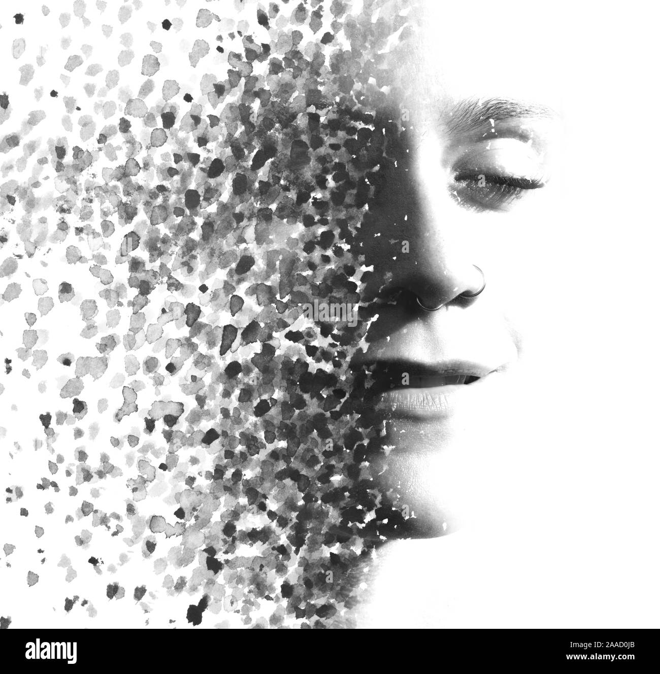 Paintography. Double exposure. Close up of an attractive model combined ...