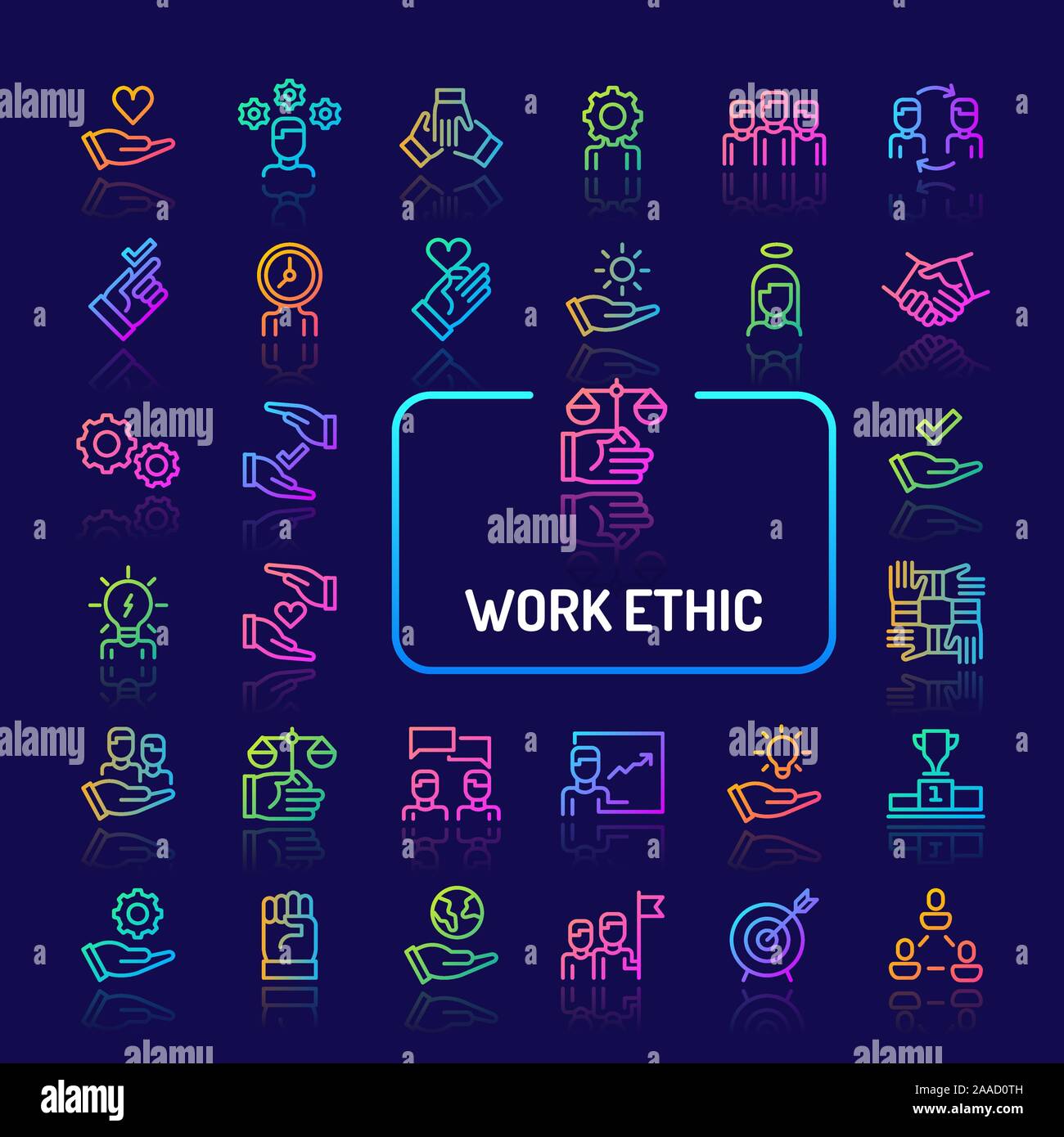 Simple gradient color icons isolated over dark background related to work ethics; Teamwork, morality, proficiency, optimism and empathy. Vector signs Stock Vector