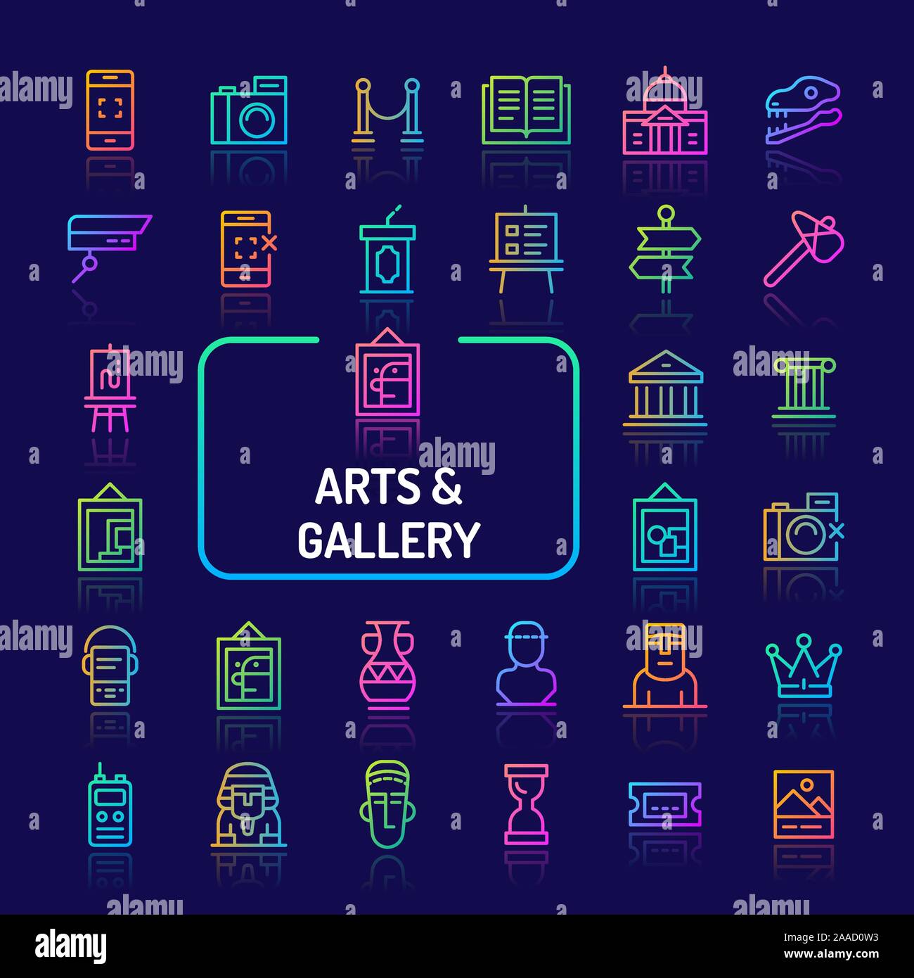 Simple gradient color icons isolated over dark background related to arts gallery and historical museum. Vector signs and symbols collections for webs Stock Vector
