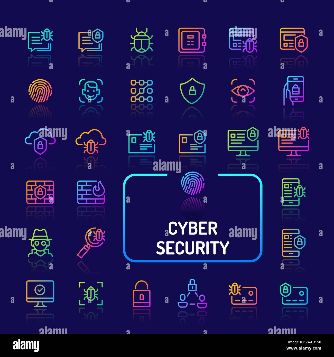 Simple gradient color icons isolated over dark background related to cyberspaces and digital security. Vector signs and symbols collections for websit Stock Vector