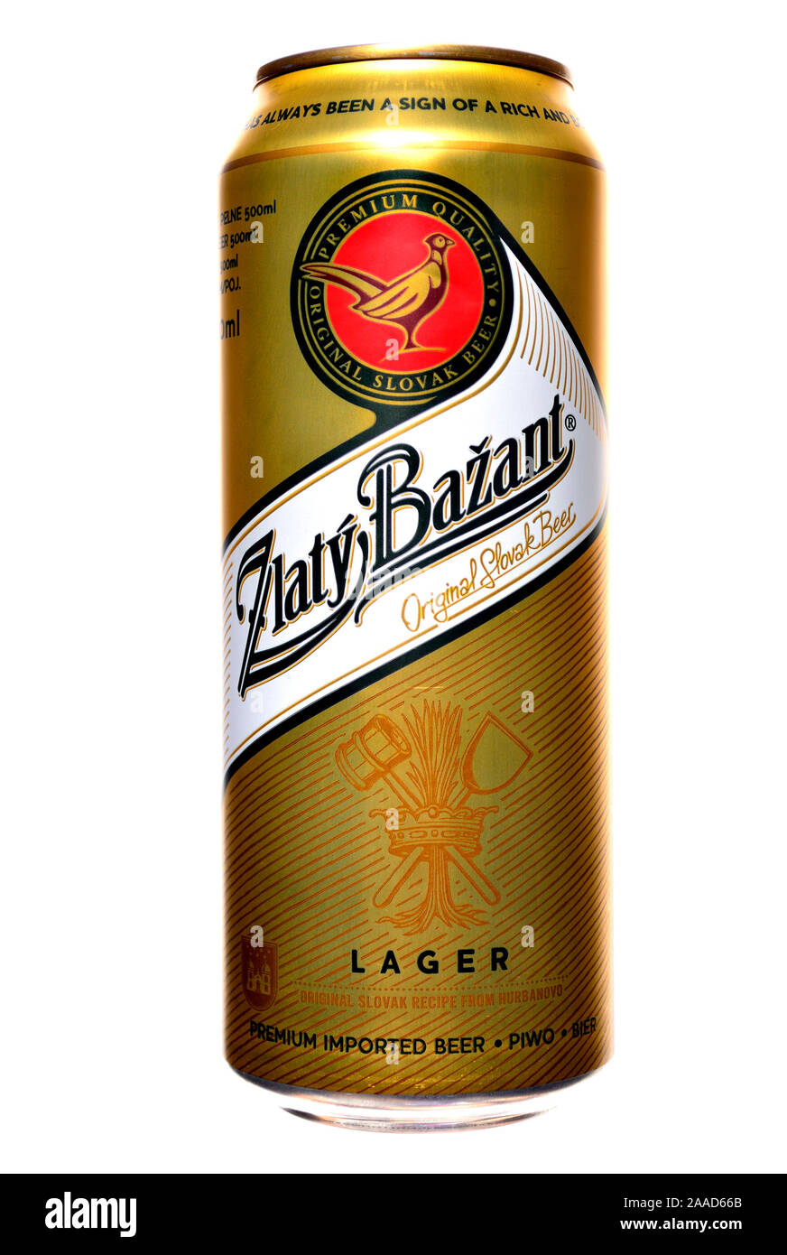 Slovak  beer can - Zlaty Bazant ('Golden Pheasant') lager Stock Photo