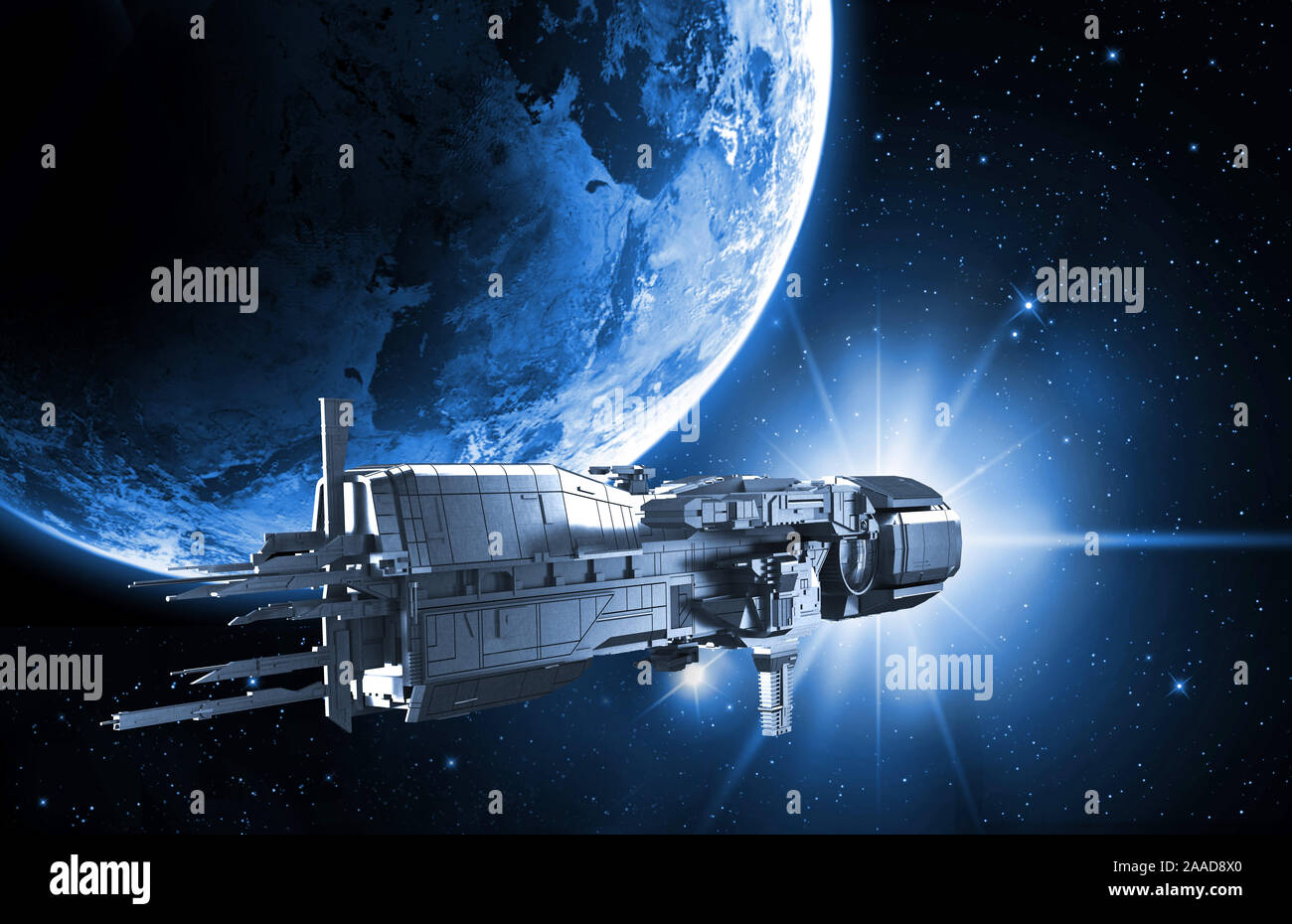 Spaceship with planet earth - 3d render Stock Photo