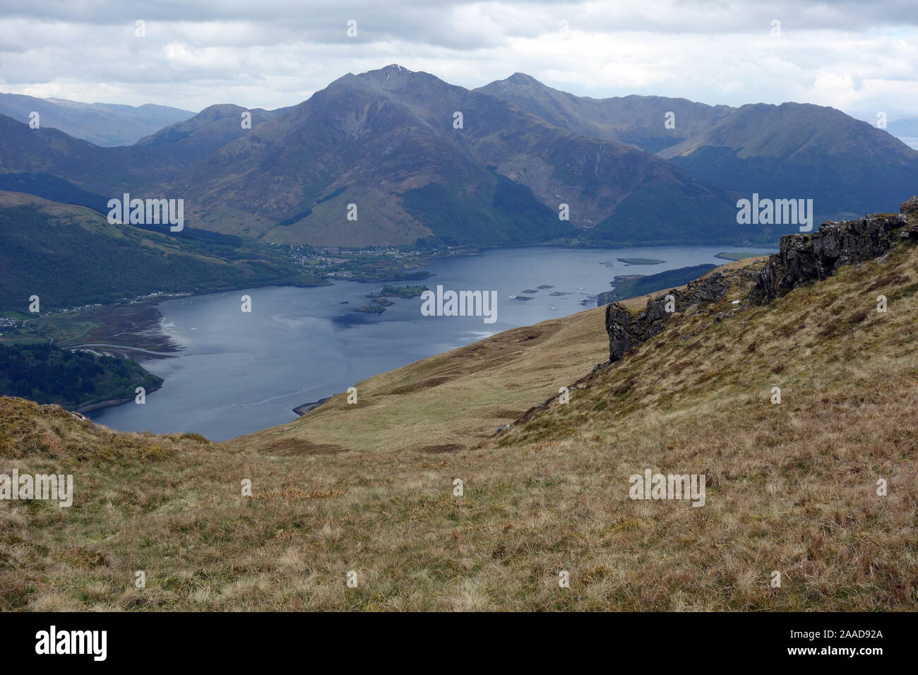 The Munros on Scottish Mountain Range of Beinn a' Bheithir & Loch Leven from the Hill Path from Callert House, Scottish Highlands, Scotland, UK. Stock Photo
