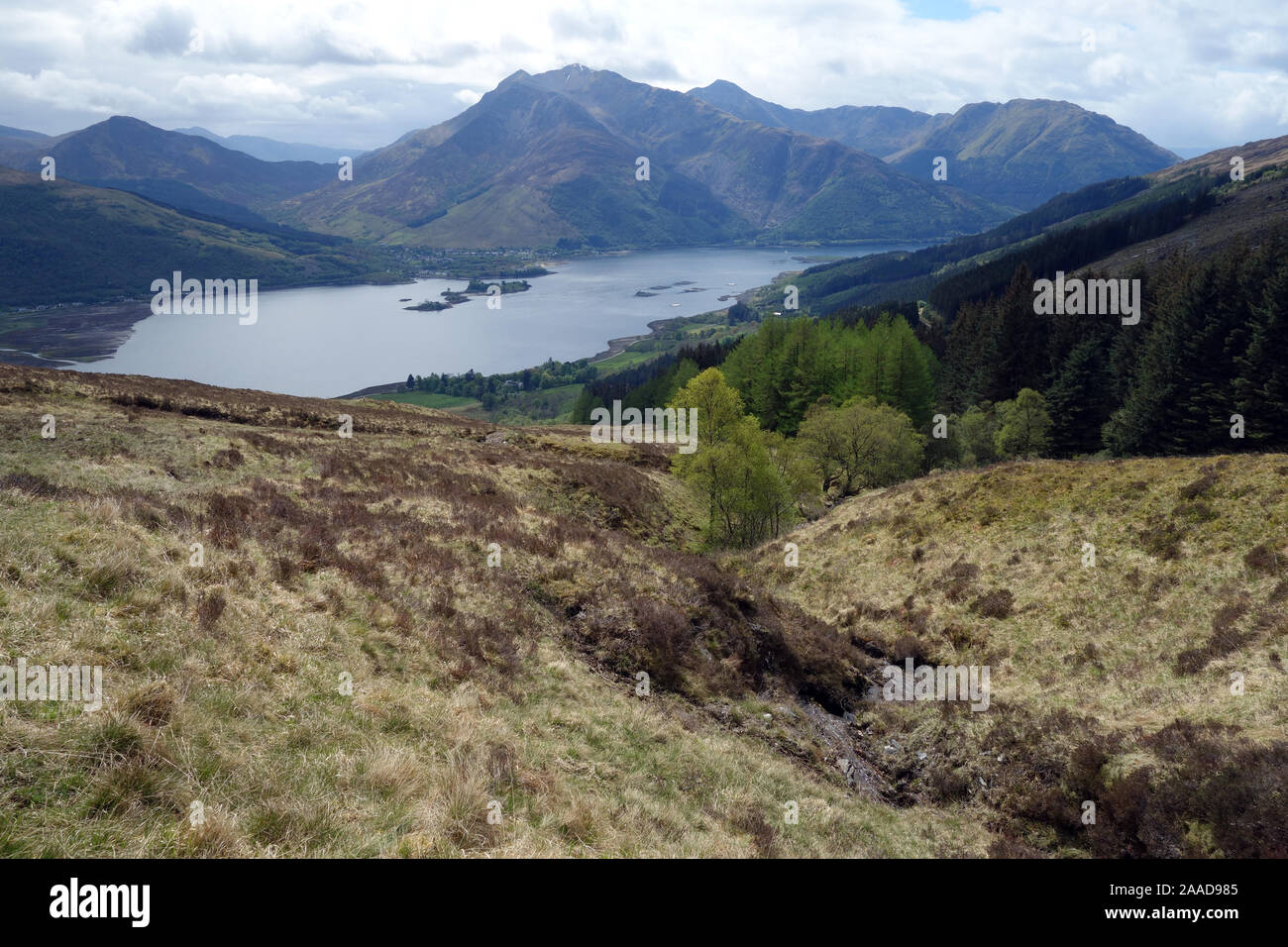 The Munros on Scottish Mountain Range of Beinn a' Bheithir & Loch Leven from the Hill Path from Callert House, Scottish Highlands, Scotland, UK. Stock Photo