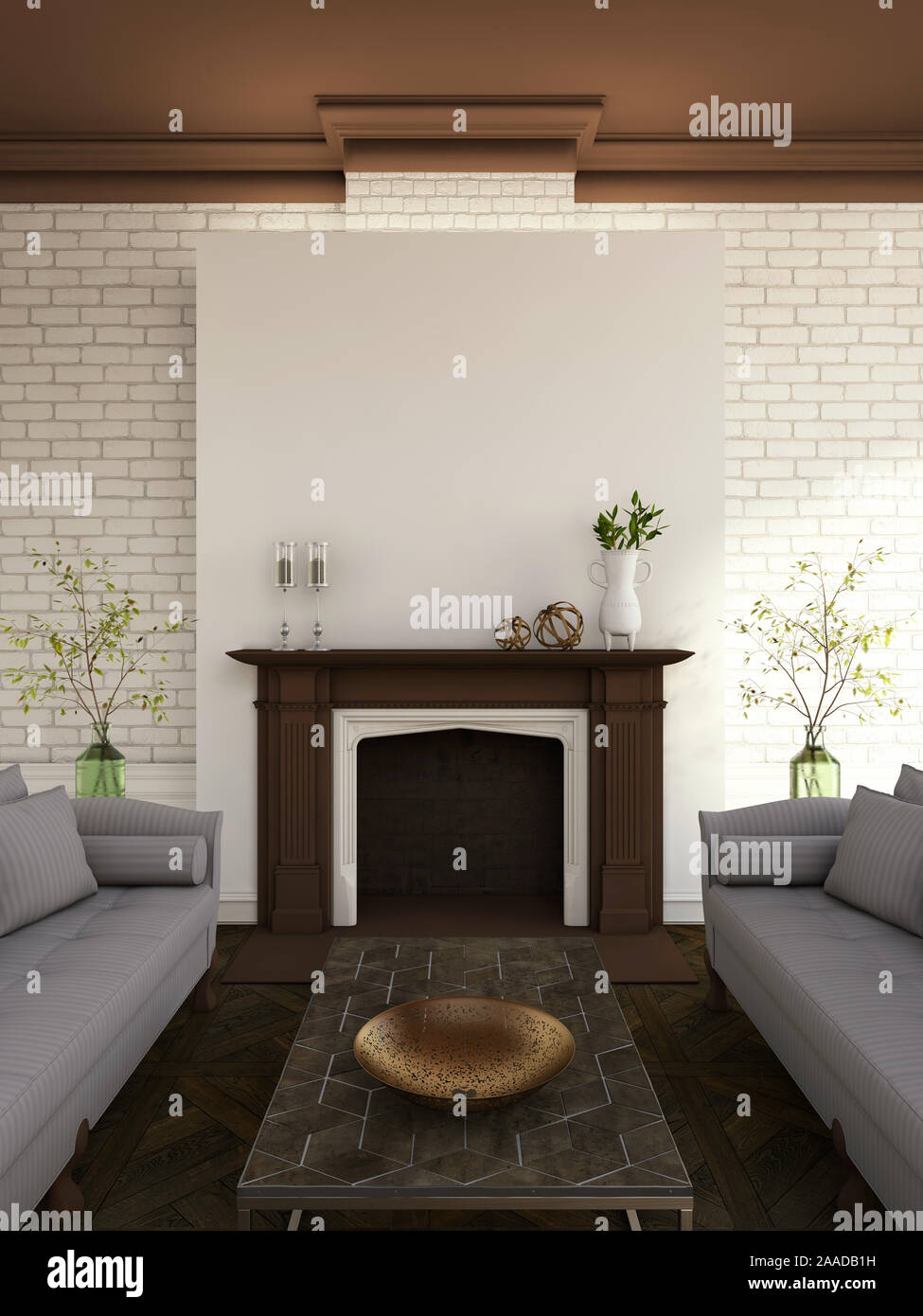 fireplace with brick wall and sofas Stock Photo