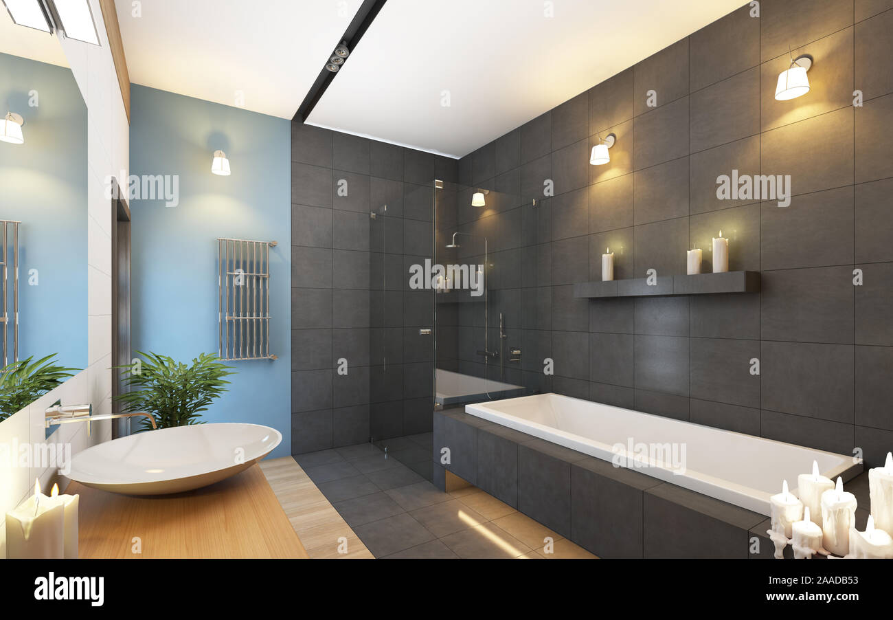 Bathroom In Grey And Blue Colours Stock Photo - Alamy