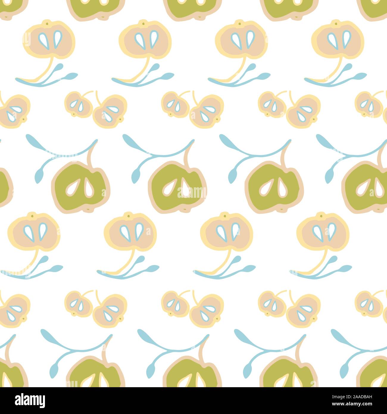 Retro floral fall geometric apple pattern. Seamless vector background. White doodle apple shape with dot on white background. For fabric, wallpaper, packaging, print. Vintage kitchen background. Stock Vector