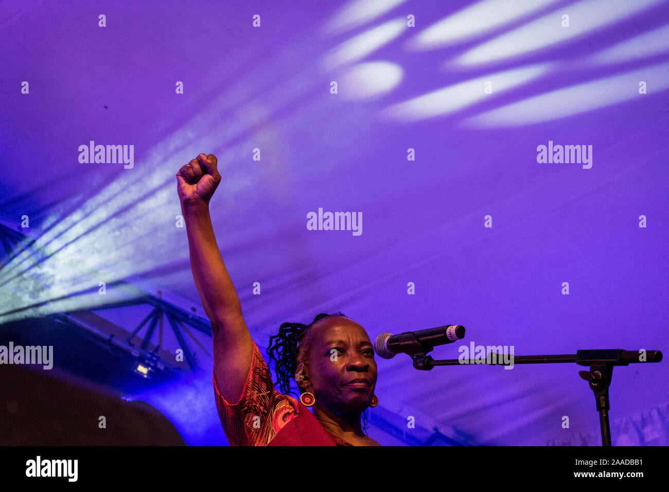 Vocalist Mandisa Dlanga raises her fist during the song 'Asimbonanga' in one of Johnny Clegg's last-ever concerts, Kirstenbosch, Cape Town Stock Photo
