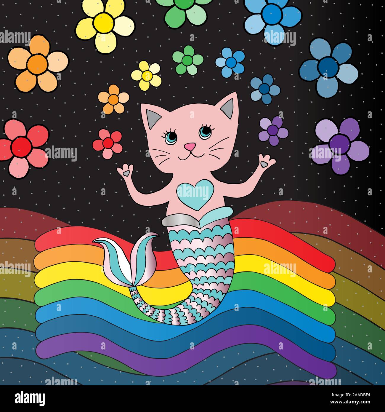 Cat mermaid vector illustration. Cute character with rainbow and flowers. Hand drawn cartoon unique pet background. Stock Vector