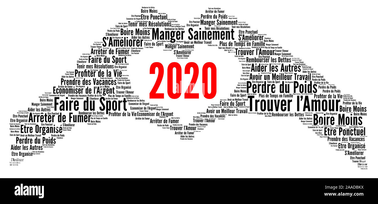 Resolutions 2020 word cloud concept in french language Stock Photo