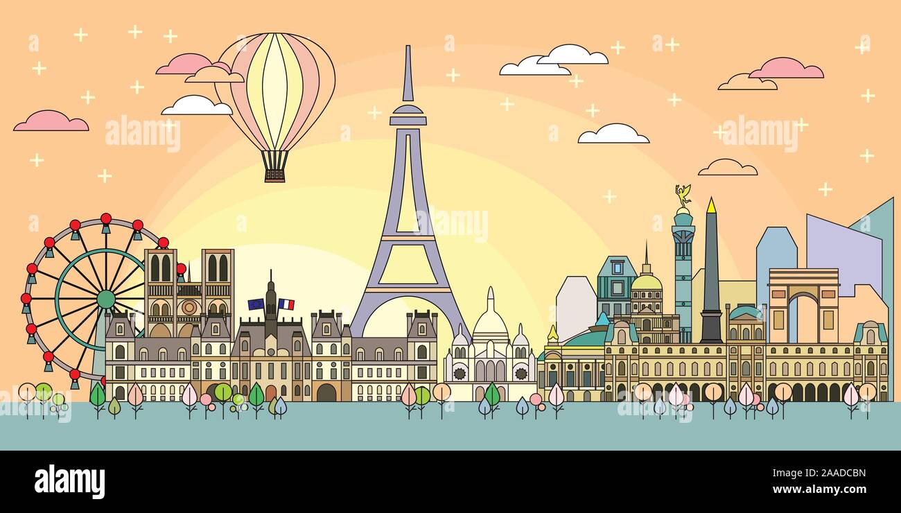 Panoramic line art style Paris City Skyline by sunrise. Colorful vector ...