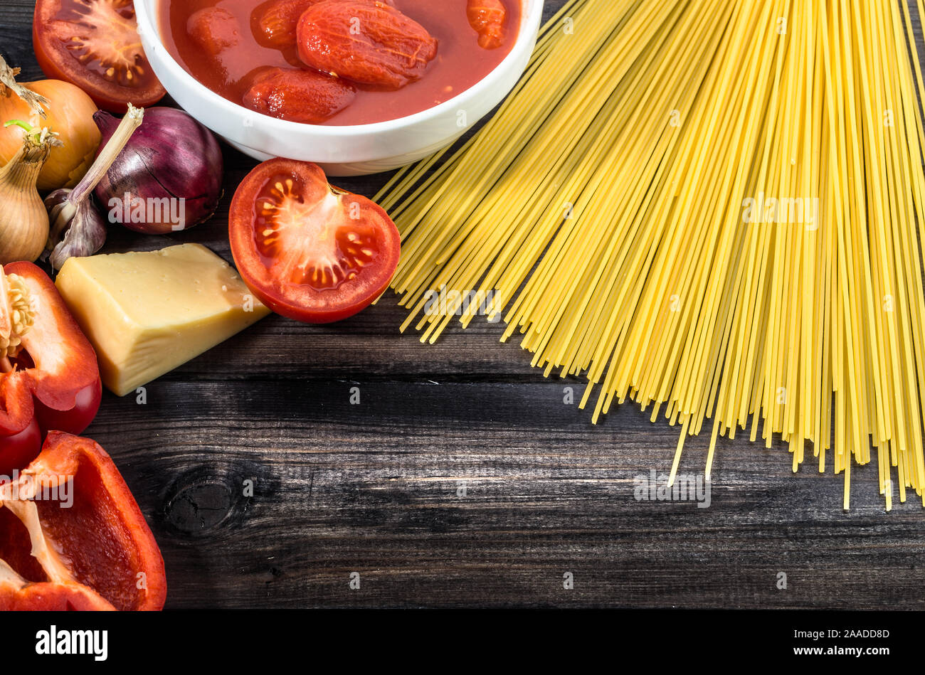 Ingredients of spaghetti bolognese, italian food background Stock Photo ...