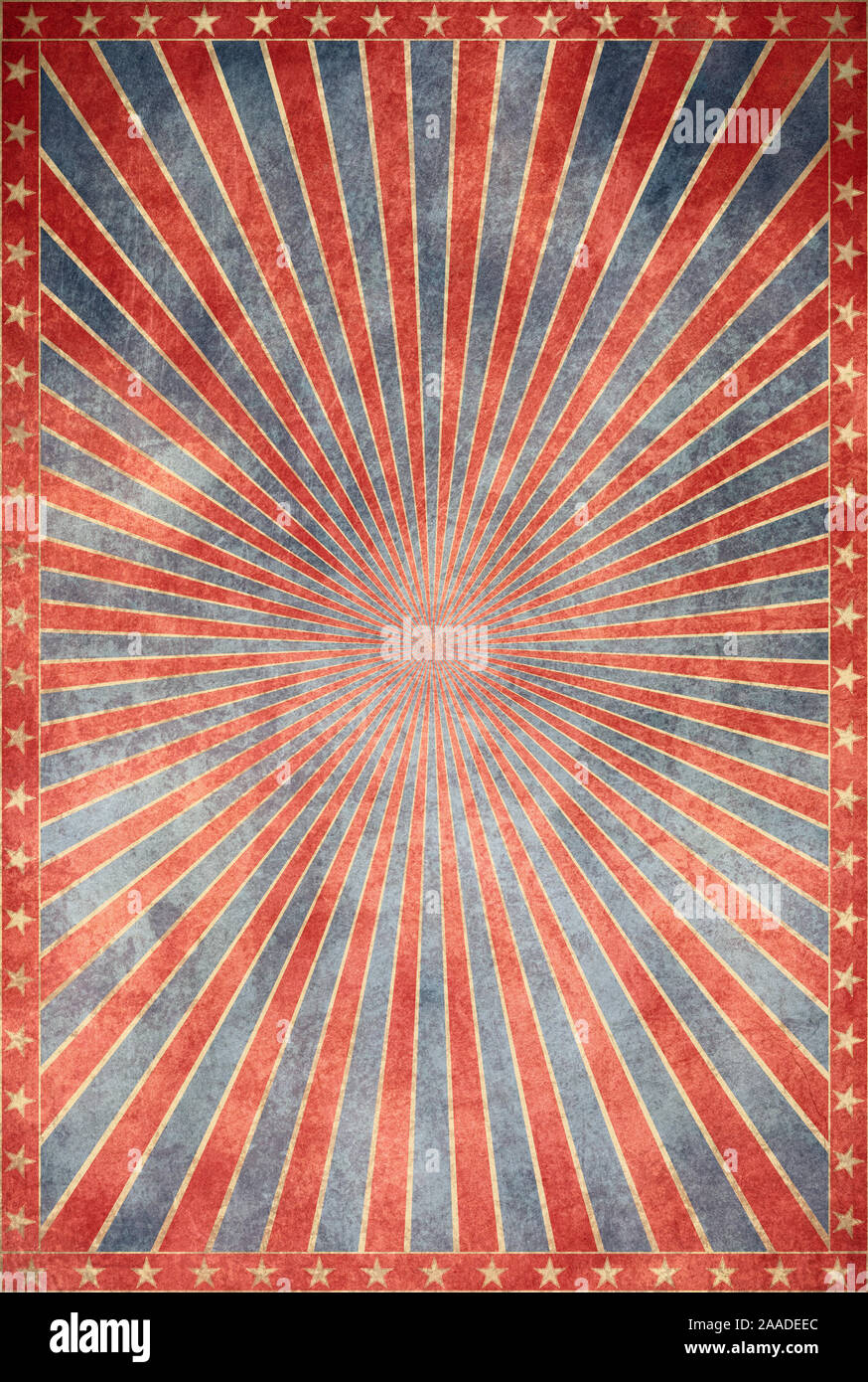 Retro grunge background with red and blue rays and star frame. Stock Photo