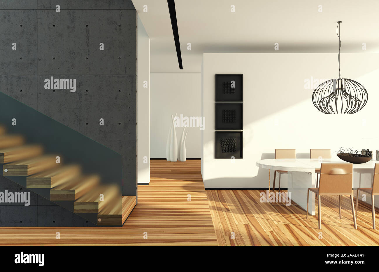 white dining room with stairs Stock Photo - Alamy