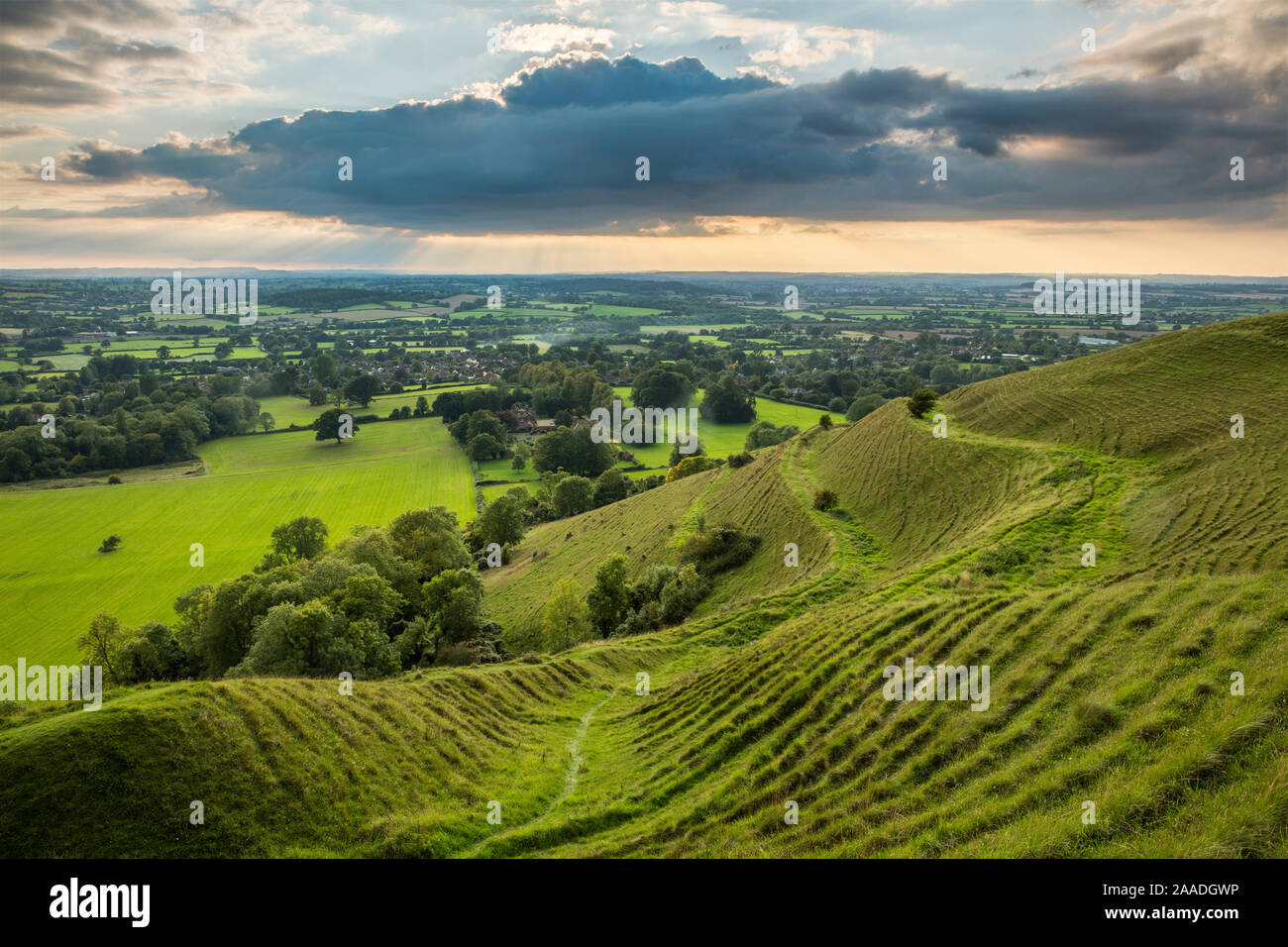 Ramparts of the prehistoric hill fort on Hambledon Hill above the Blackmore Vale, Dorset, England, UK, September 2015. Stock Photo