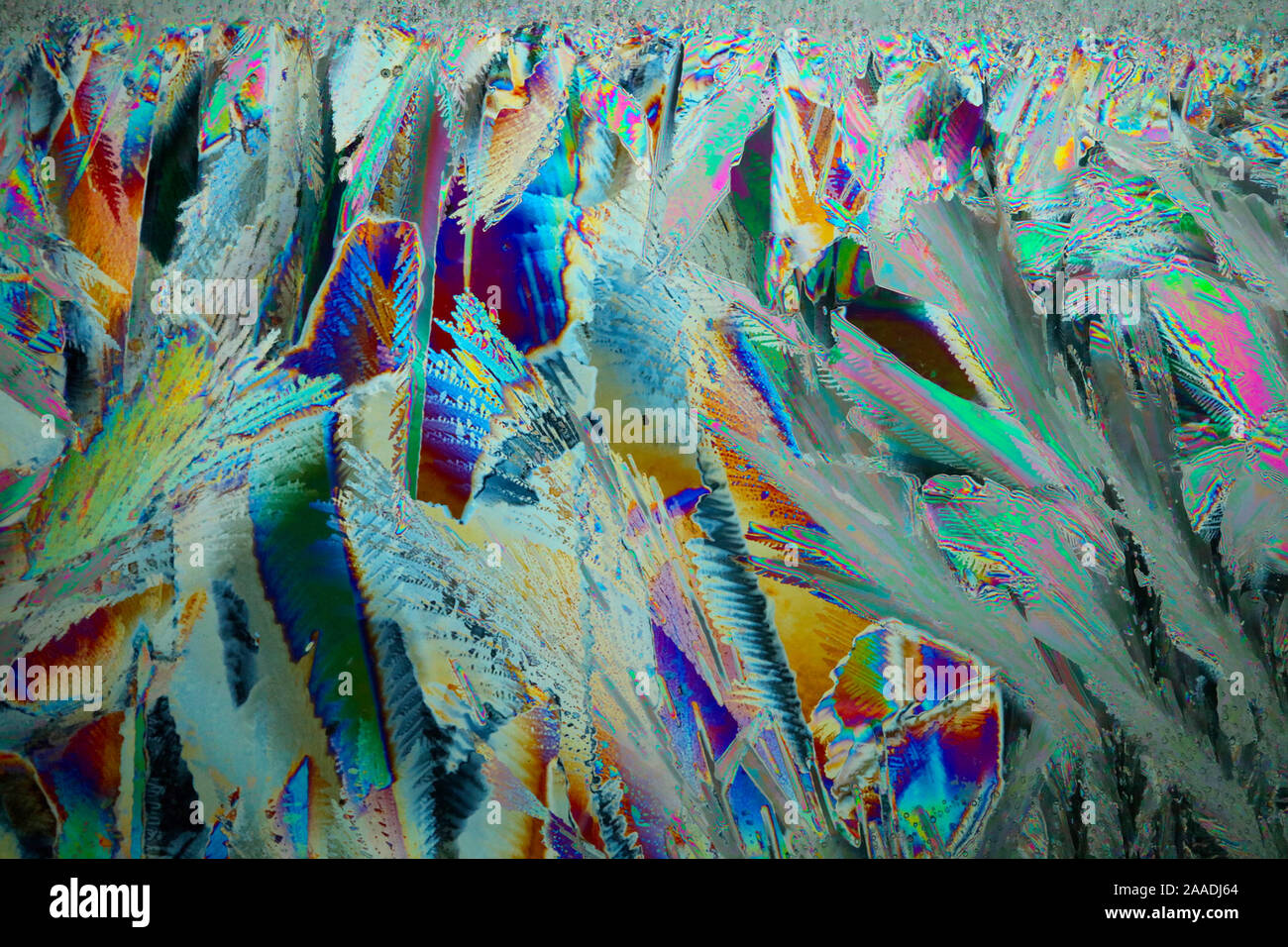Ice crystals viewed by polarised light. Stock Photo