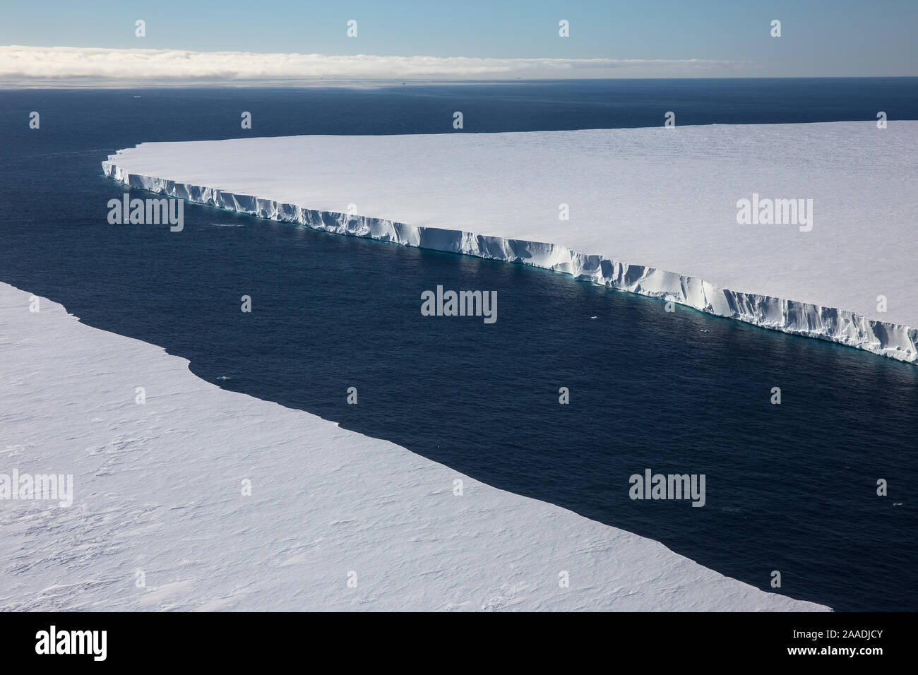 Aerial view of the Ross Ice Shelf, the largest ice shelf of Antarctica, near Cape Crozier, Ross Island, Ross Sea, Antarctica  Photographed for The Freshwater Project Stock Photo