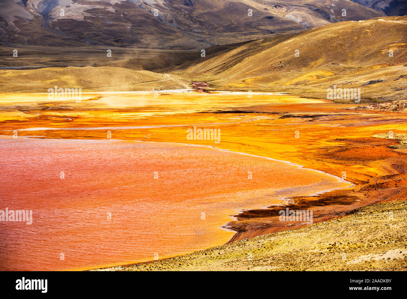 Laguna Miluni a reservoir fed by glacial melt water from the Andean peak of Huayna Potosi. As climate change causes the glaciers to melt, the water supply for La Paz, Bolivia's capital city is rapidly running dry.  Andes, Bolivia. October 2015. Stock Photo