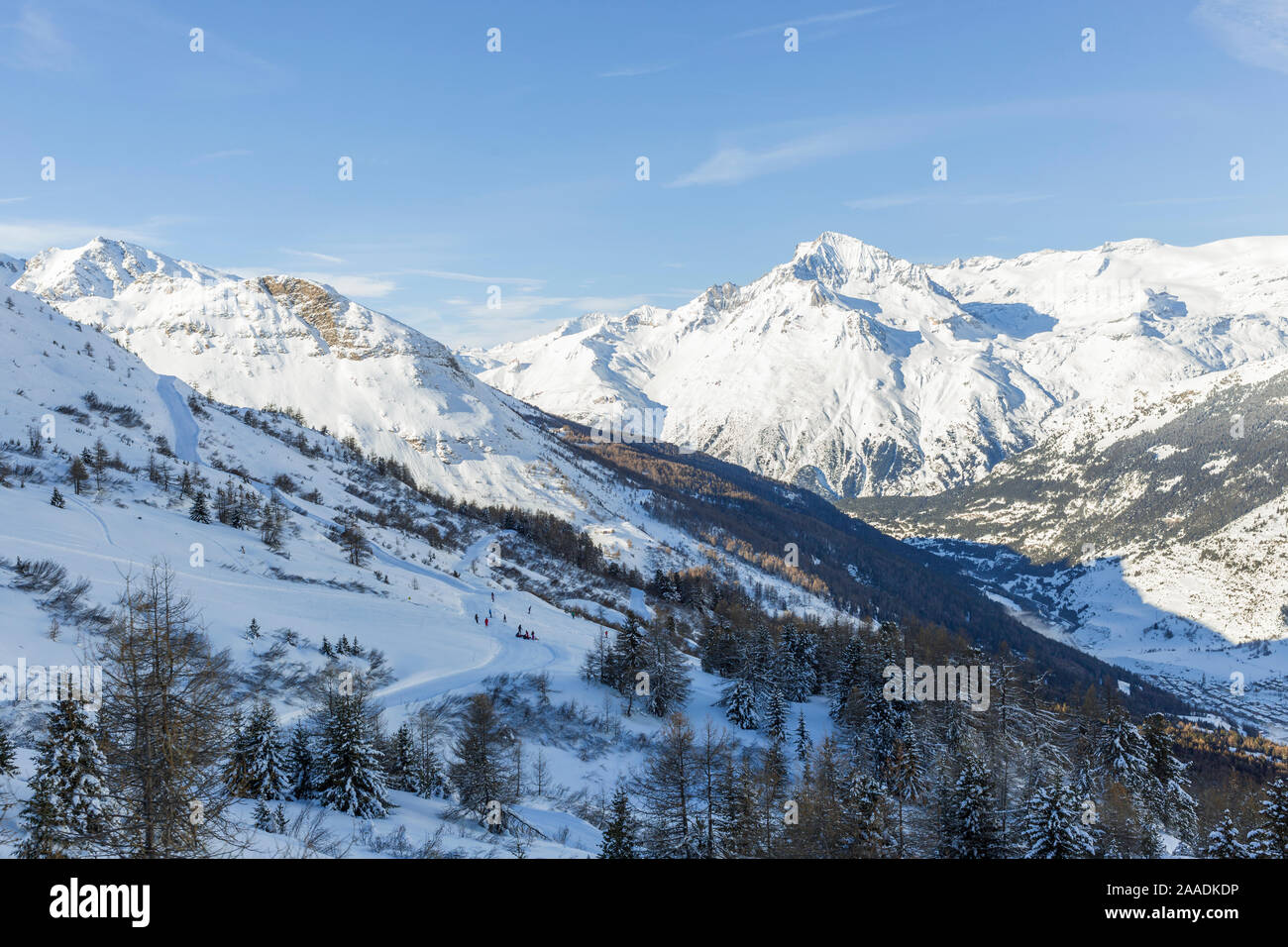 Winter view of the mountains pass in the ski resort of Val Cenis located in the Savoie department in the Rhone-Alpes region. Stock Photo