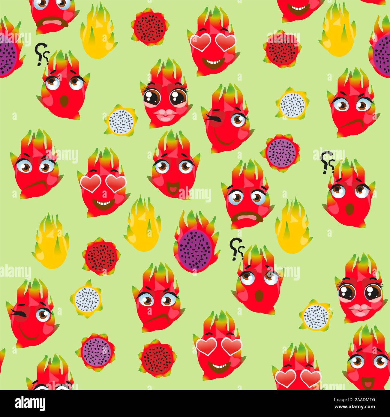 Seamless pattern exotic fruit pitaya. Funny cute faces character Stock Vector
