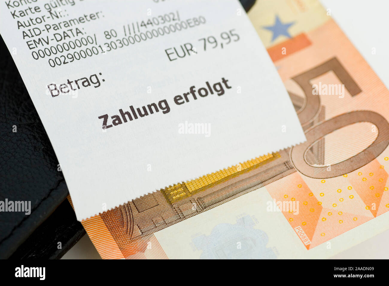 Kassenbeleg auf Fünfig-Euro-Schein (no pr) Stock Photo