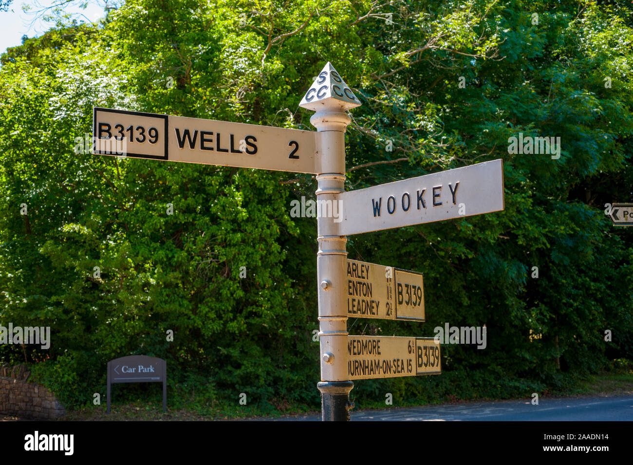 Old sign post for wells and Wookey Stock Photo