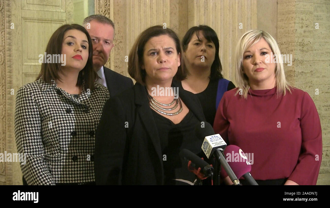 (left to right) Sinn Fein's Elisha McCallion, Conor Murphy, Mary Lou McDonald, Michelle Gildernew, Michelle O'Neill speaking to the media in the Great Hall of Parliament Buildings Stormont after their meeting with Northern Ireland Secretary Julian Smith to discuss the powersharing impasse. Stock Photo