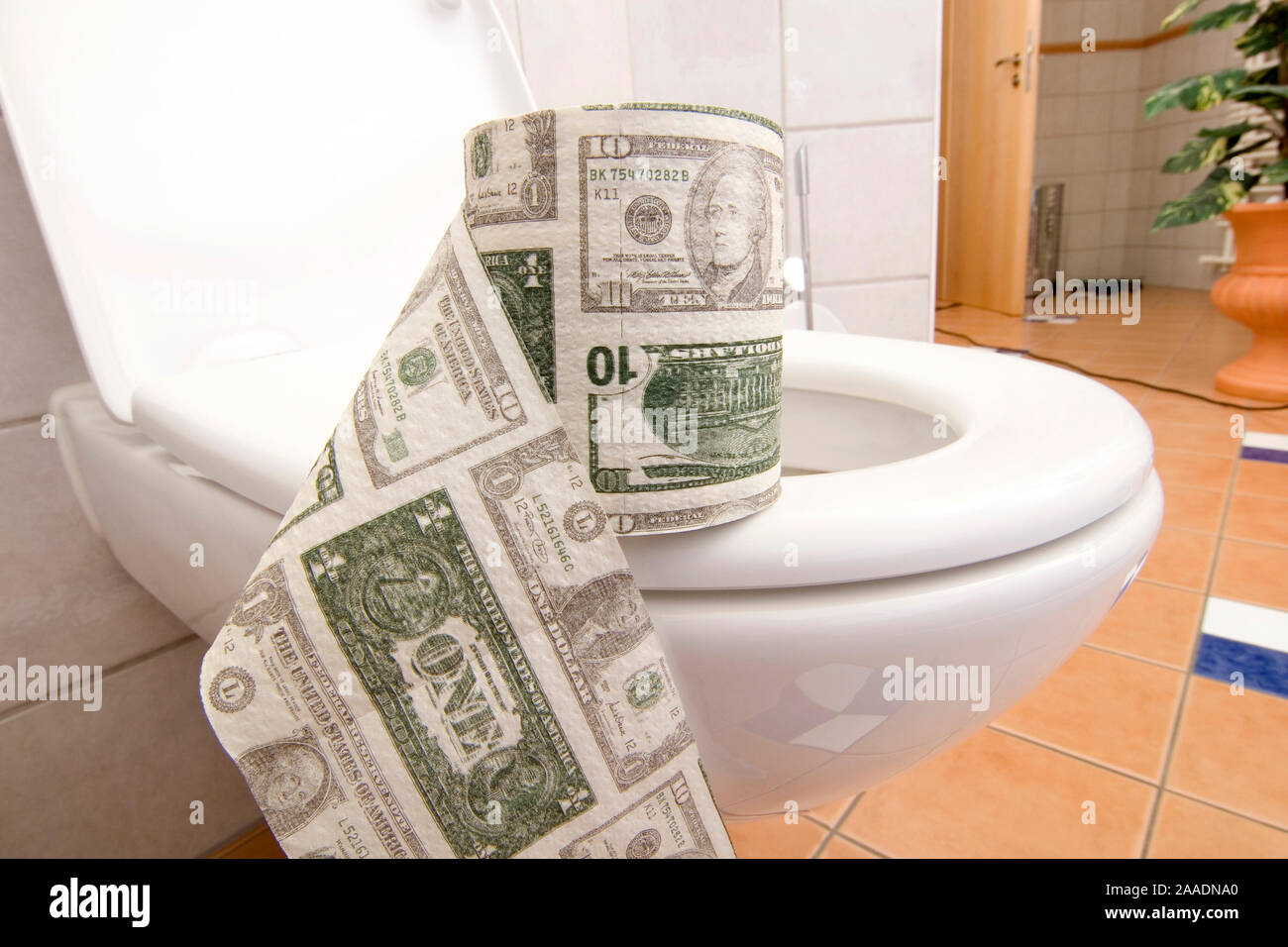 Toilettenpapierrolle mit US-Dollar-Aufdruck Stock Photo