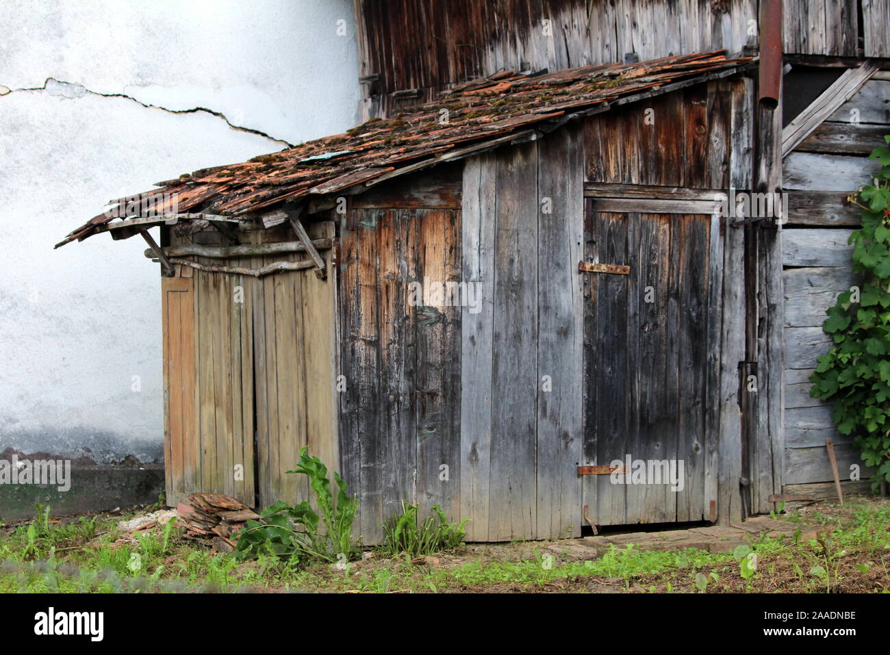 Outdoor Old Dilapidated Attached Wooden Shed Made From Wooden
