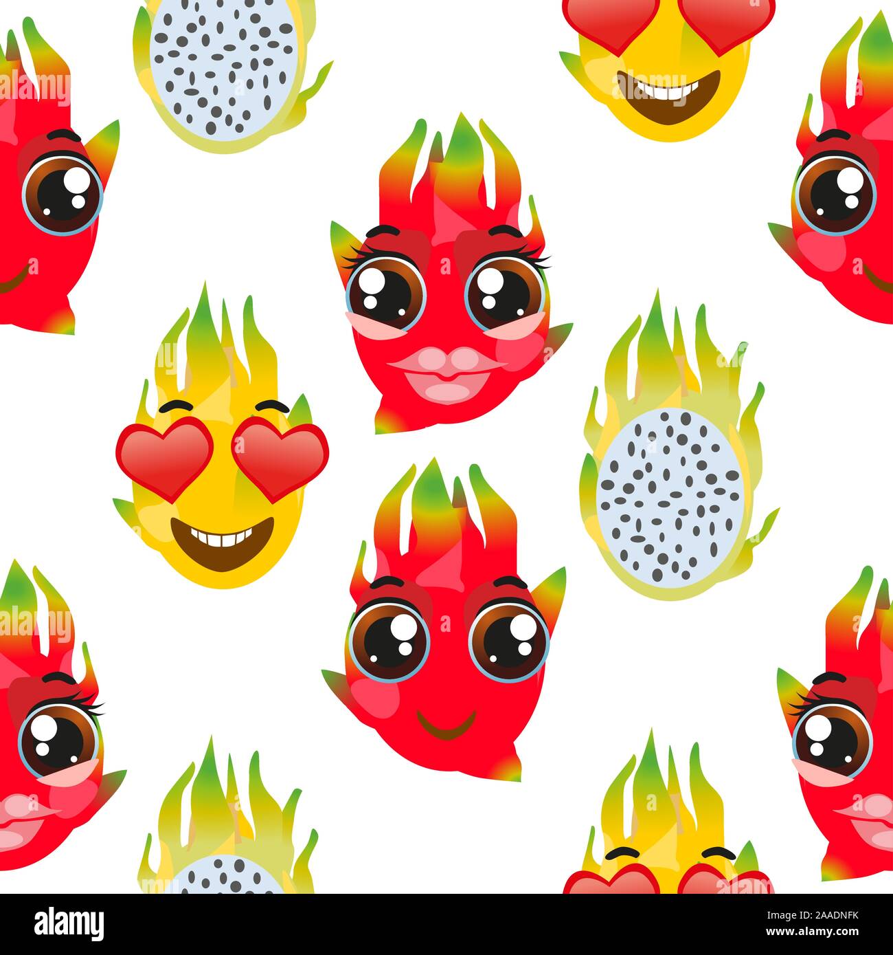 Seamless pattern exotic fruit pitaya. Funny cute faces character Stock Vector