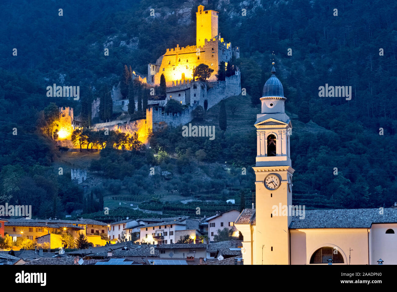 The castle of Avio and the village of Sabbionara. Trento province, Trentino Alto-Adige, Italy, Europe. Stock Photo