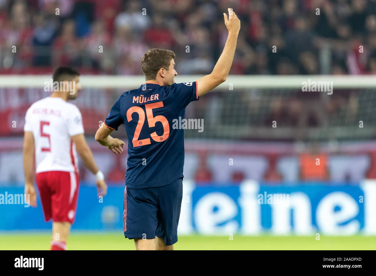 Piraeus, Greece - October 22, 2019: Player of Bayern Thomas Muller in action during the UEFA Champions League game between Olympiacos vs Bayern at Geo Stock Photo