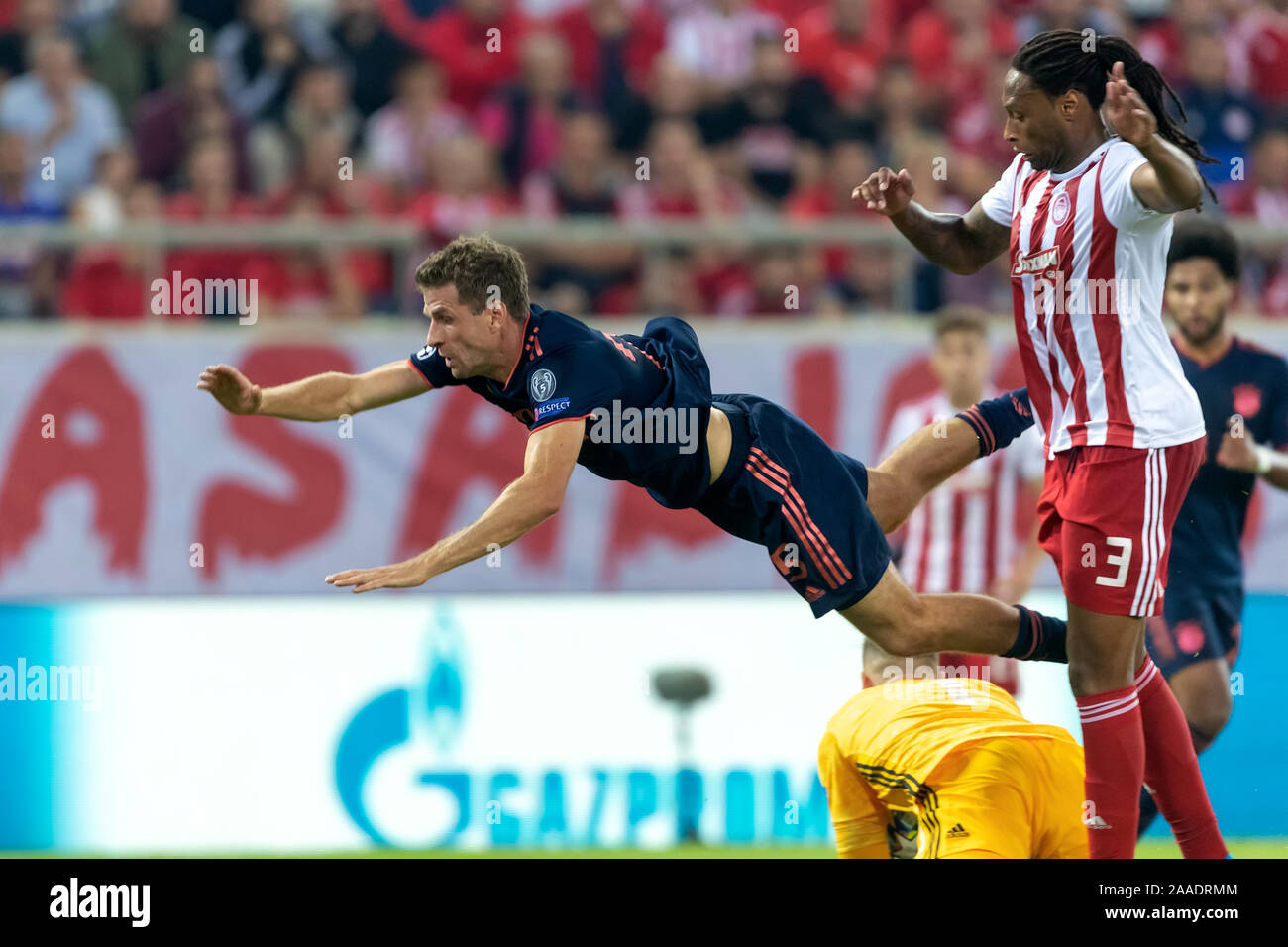 Piraeus, Greece - October 22, 2019: Player of Bayern Thomas Muller(L) in action during the UEFA Champions League game between Olympiacos vs Bayern at Stock Photo