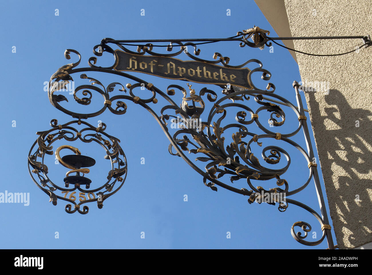 An Apothecary's wrought iron shop sign in Wertheim, Franconia,Bavaria, Germany Stock Photo