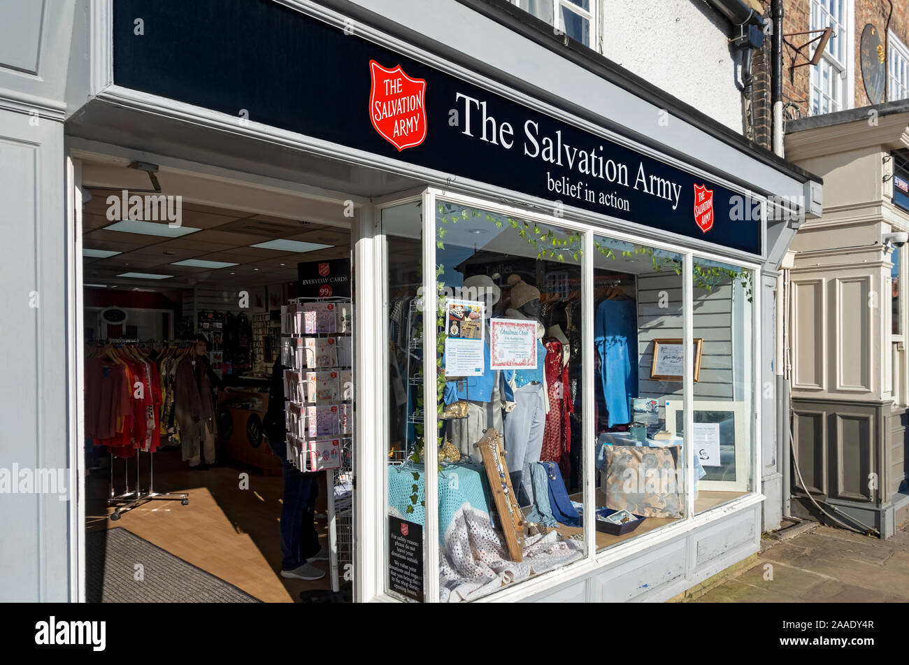 Salvation Army charity clothes shop store on the high street Thirsk England UK United Kingdom GB Great Britain Stock Photo