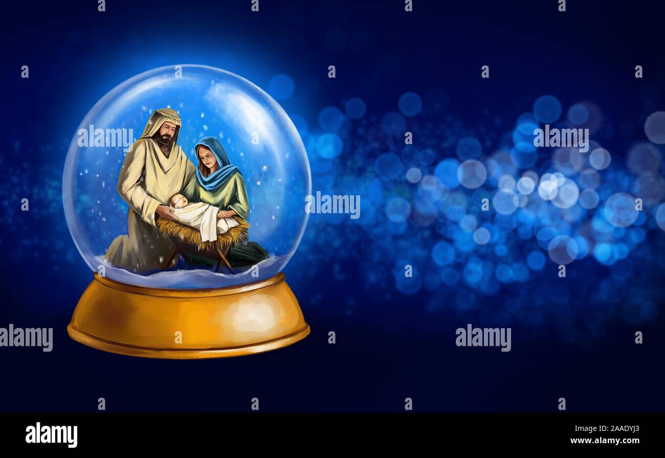 Christmas story. Christmas night, Mary, Joseph and the baby Jesus, Son of God , snowglobe Christmas decorations, art illustration painted with waterco Stock Photo