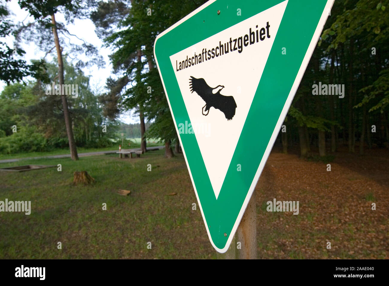 Schild Landschaftsschutzgebiet vor einem Mischwald in Rodgau,Hessen,Deutschland (no pr) Stock Photo