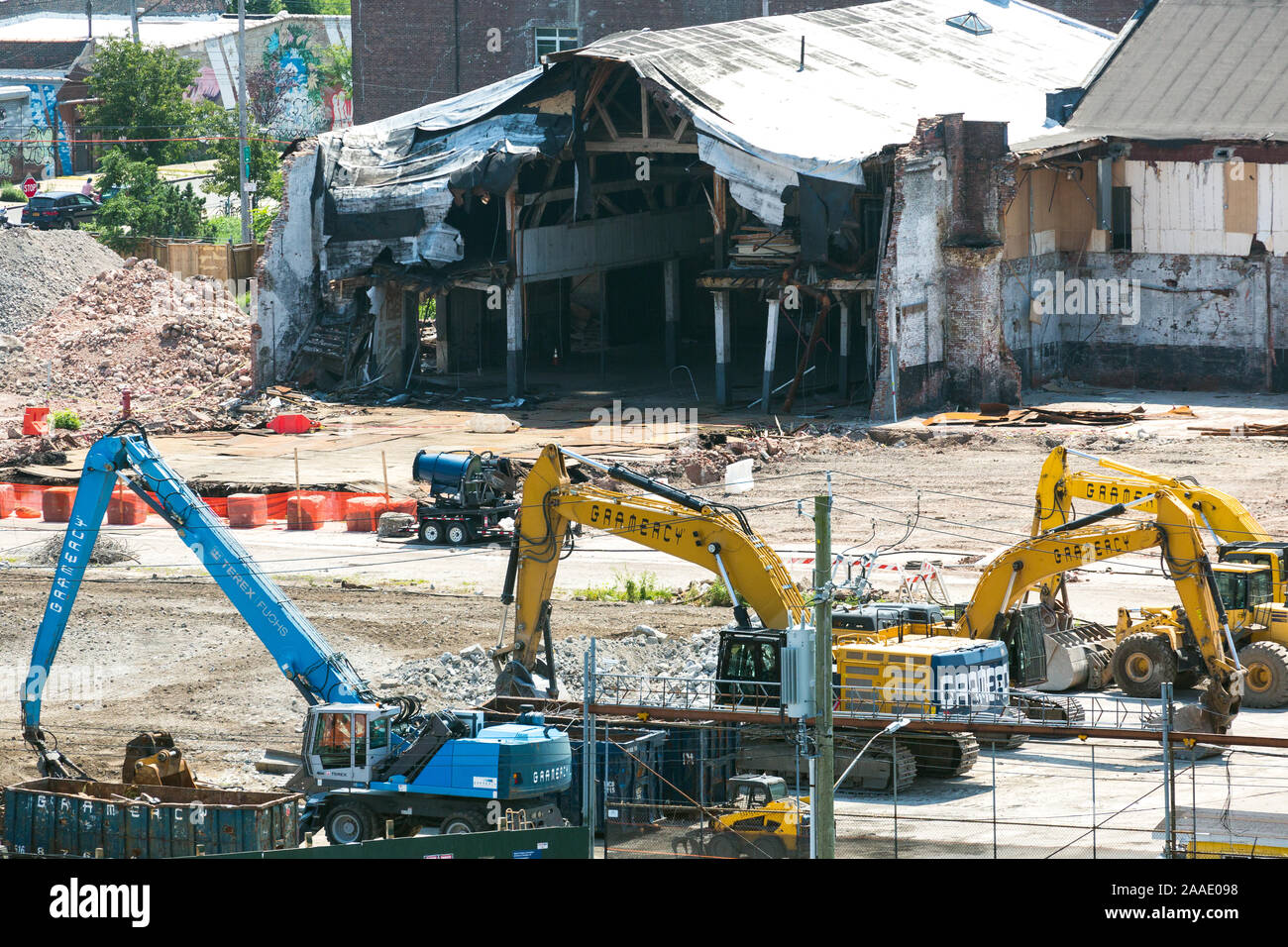 demolition work of old buildings Brooklyn. . Port of New York. USA Stock Photo