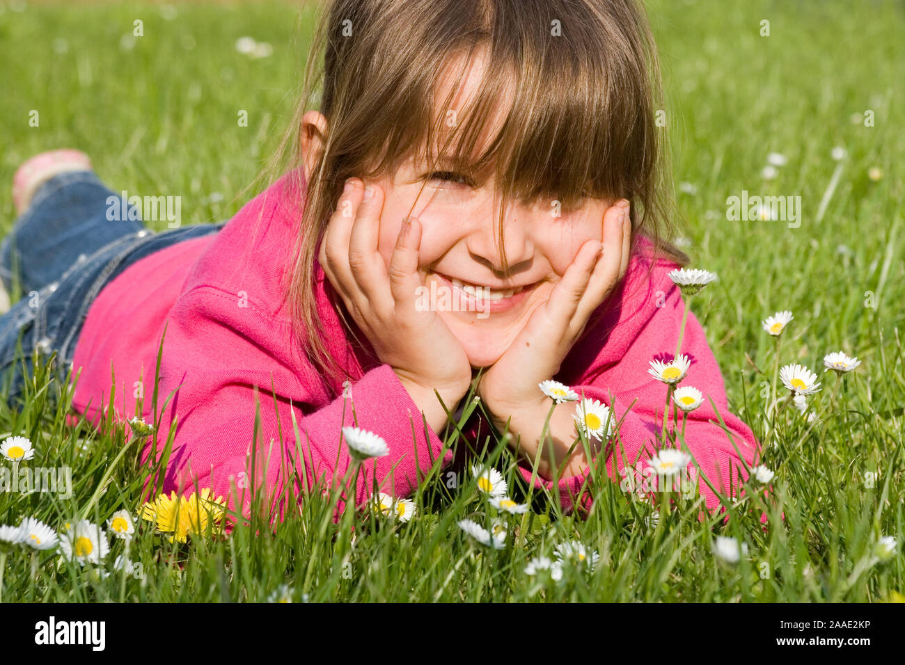vierjähriges Mädchen liegt lachend im Gras (mr) Stock Photo