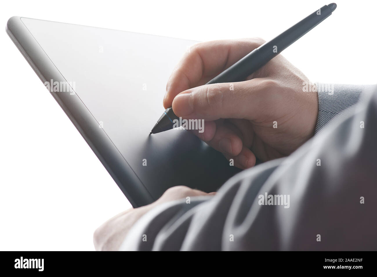 Putting electronical signature with tablet close up view Stock Photo