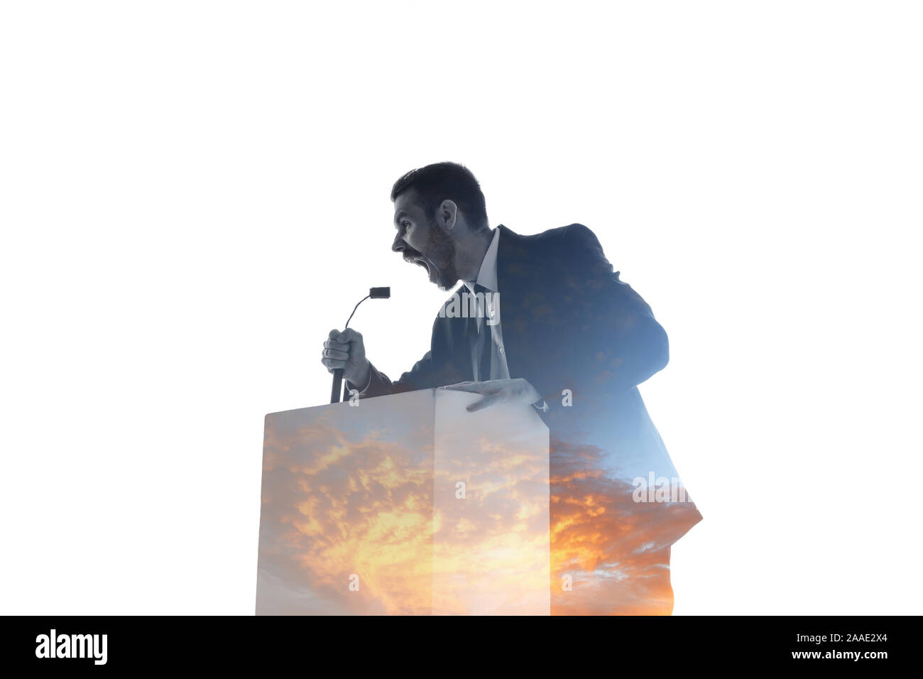 Scream. Speaker, coach or chairman during politician speech isolated on white background. Double exposure - truth and lies. Business training, speaking, promises, economical and financial relations. Stock Photo